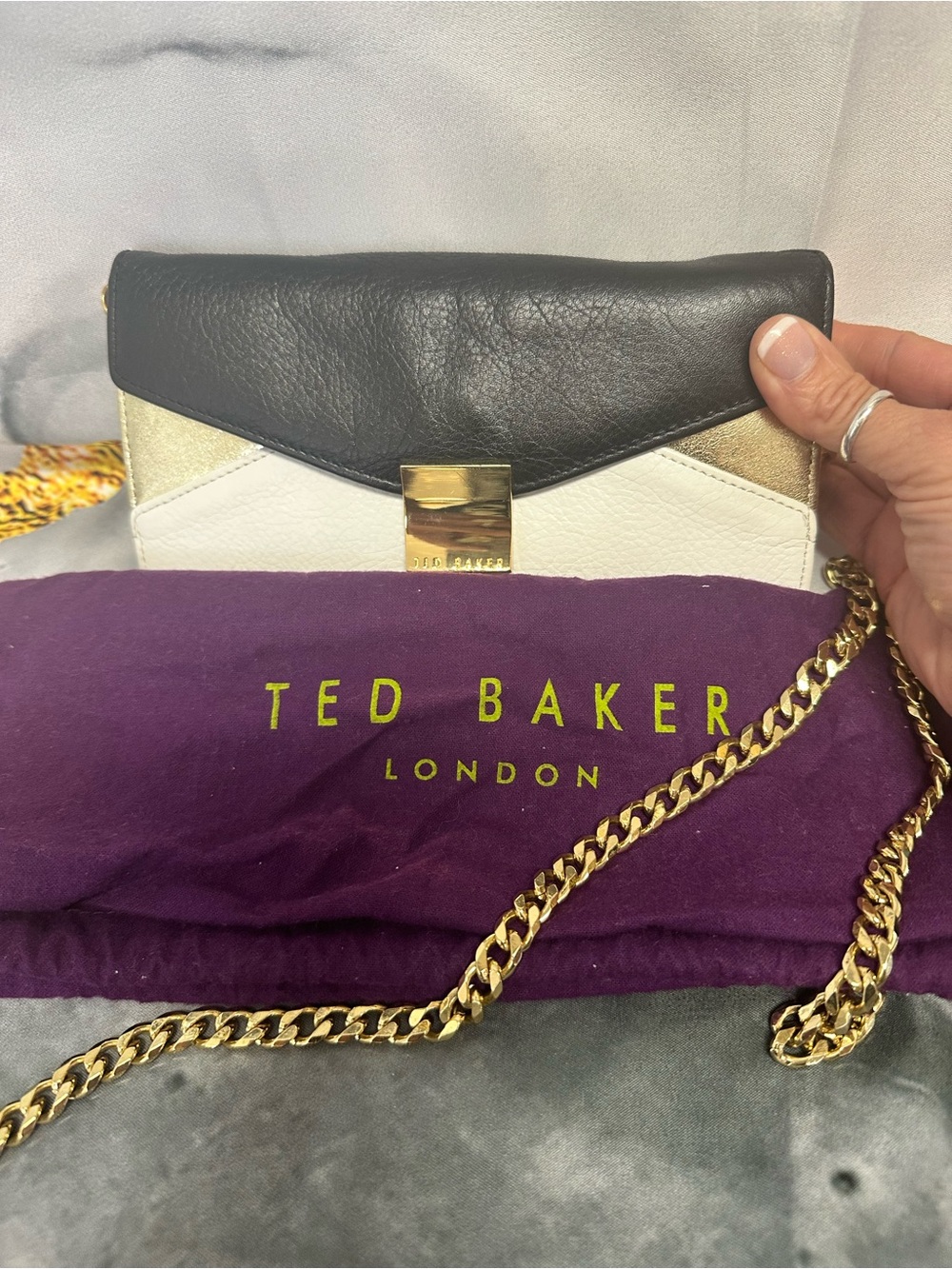 Ted Baker Black, White & Gold Colorblock Leather Chain Crossbody